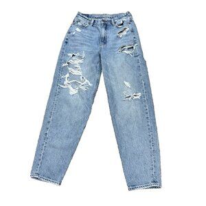 American Eagle Women's Distressed Light Blue Denim Relaxed Mom Jean Size 0